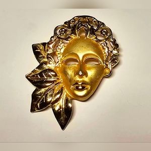 Masquerade Orleans Mardi Gras Cajun Creole African floral woman mask gold brooch